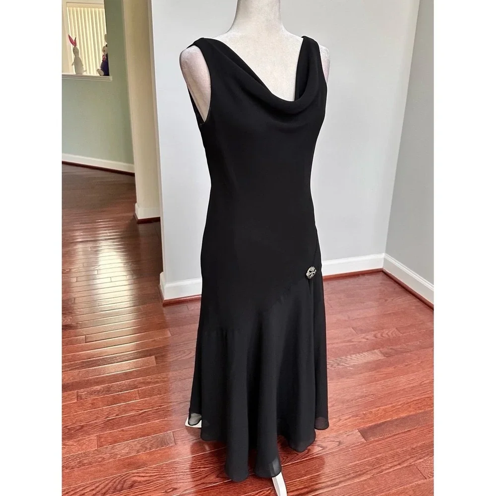 Jones Wear‎ Dress Black Flowey Cowl Neck Feminine Silver Brooch Cocktail Dress